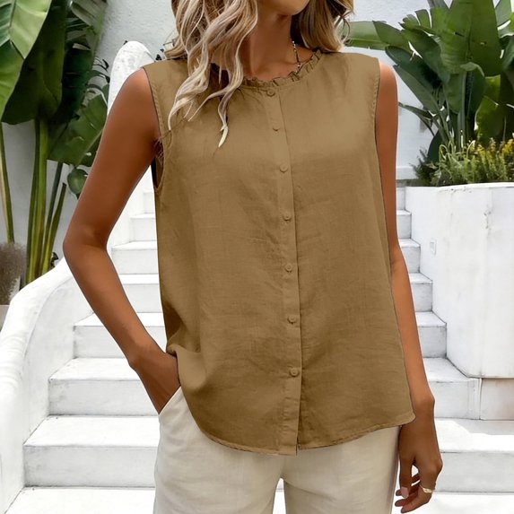 WHEANG Womens Solid Color Cotton Linen Sleeveless Top Back Button Reversible Blouse Summer Tank Tops Pleated Crewneck Casual Loose Blouses Business Work Shirts Size XL Yellow