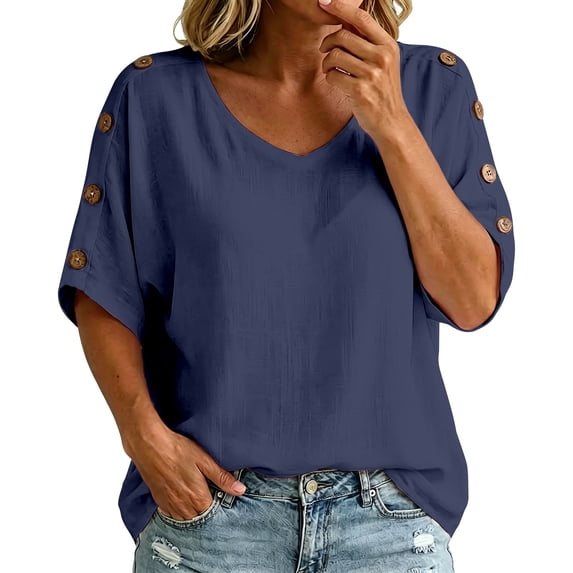 WHEANG Womens Summer Tops Short Sleeve Shirts Button Decor Casual Solid Pullover Top U Neck Trendy Tunic Blouses Beach Vacation Clothes Size M Blue