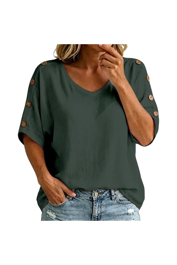 Womens Summer Tops Short Sleeve Shirts Button Decor Casual Solid Pullover Top U Neck Trendy Tunic Blouses Beach Vacation Clothes Size M Green