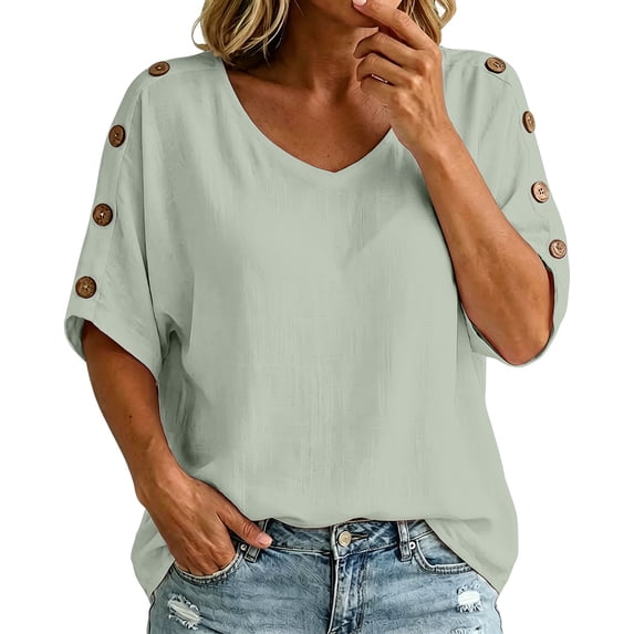 WHEANG Womens Summer Tops Short Sleeve Shirts Button Decor Casual Solid Pullover Top U Neck Trendy Tunic Blouses Beach Vacation Clothes Size XXL Green