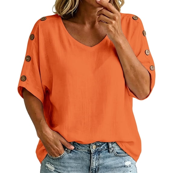 WHEANG Womens Summer Tops Short Sleeve Shirts Button Decor Casual Solid Pullover Top U Neck Trendy Tunic Blouses Beach Vacation Clothes Size XXL Orange Summer Sales Under $8