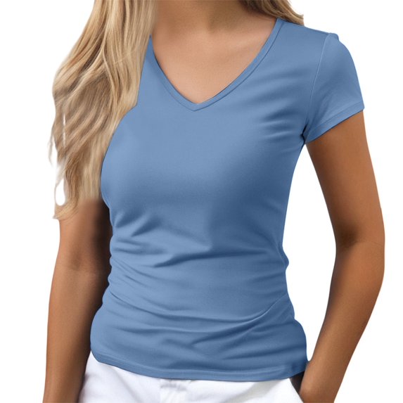 WHEANG Womens T Shirts V Neck Short Sleeve Tops Classic Fitted Shoulder Slim Fit Basic T-Shirt for Women Soft Stretchy Casual Versatile Minimalist Womens Tops Blue Size L 2026 Sales Under $3