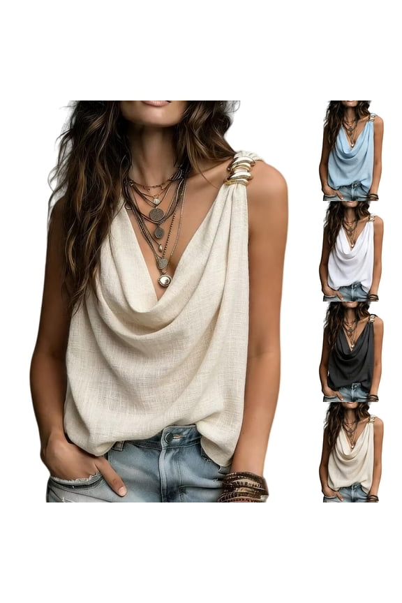 Womens Tank Tops 2026 Summer New Deep V Neck Sleeveless Tank Tops for Women Metallic Hardware Decor Slim Fit Cami Blouse Casual Going Out Y2K Vest Women Tops Trendy Size L White