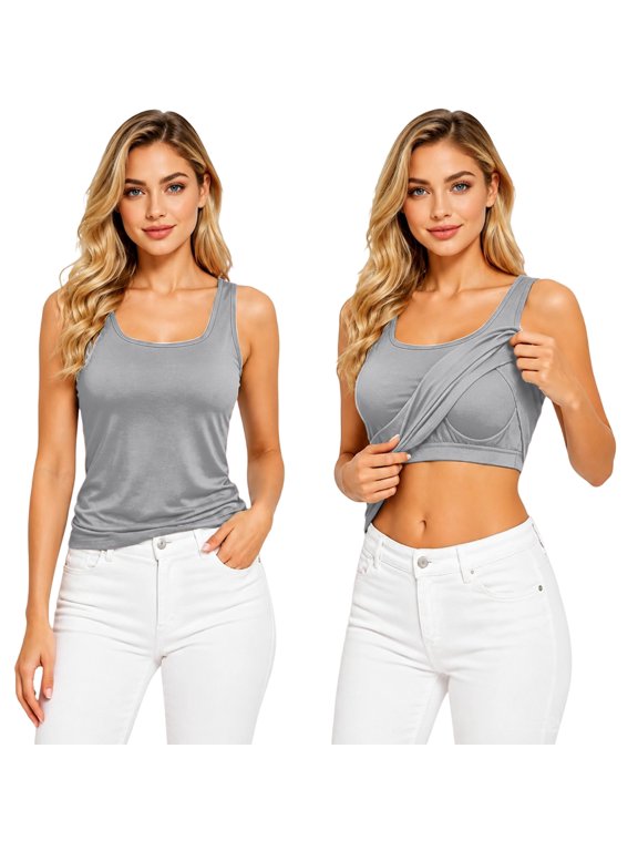 Womens Tank Tops With In Bras 2026 Plus Size Padded Workout Tops Casual Athletic Camisole Tops Summer Trendy Square Neck Cami Tank Tops Sleeveless Loose Fit Basic Camisole 2XL Grey
