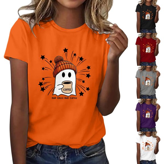 WHEANG Womens Tops Cute Pumpkin Ghost Skull Pattern T Shirt Crew Neck Short Sleeve Tops Halloween Graphic Print Summer Tops Breathable Holiday Going Out Tops for Women Size L White