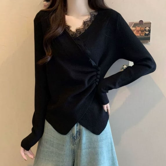 WHEANG Womens Tops Plus Size V Neck Long Sleeve Shirt Lace Splice ...