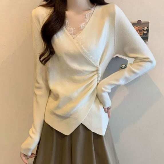 WHEANG Womens Tops Plus Size V Neck Long Sleeve Shirt Lace Splice ...