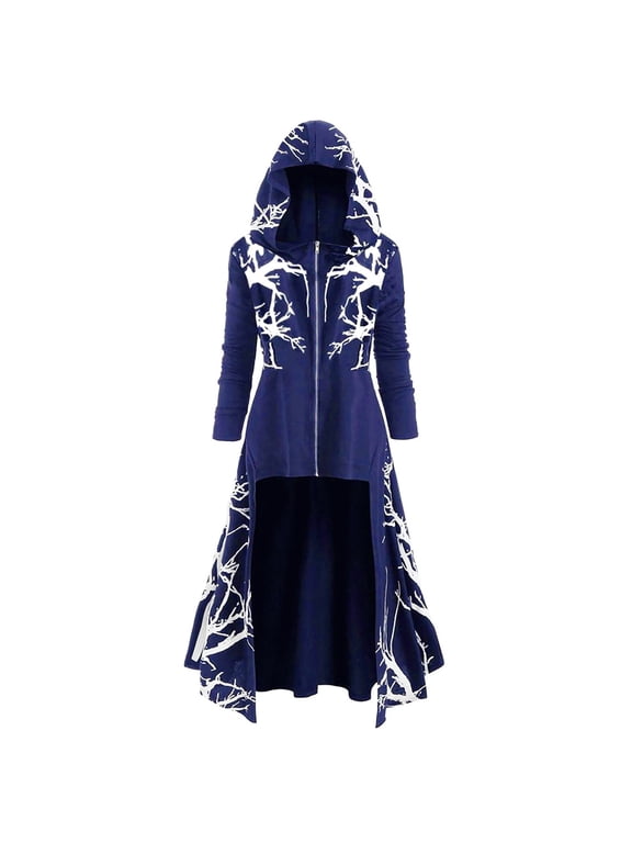 Womens Tops Zip‑Up Cape Root Print Lightweight Loose High Low Cloak Jacket Plus Size Casual Halloween Hooded Dress Outerwear for Daily Party Wear Blue XL