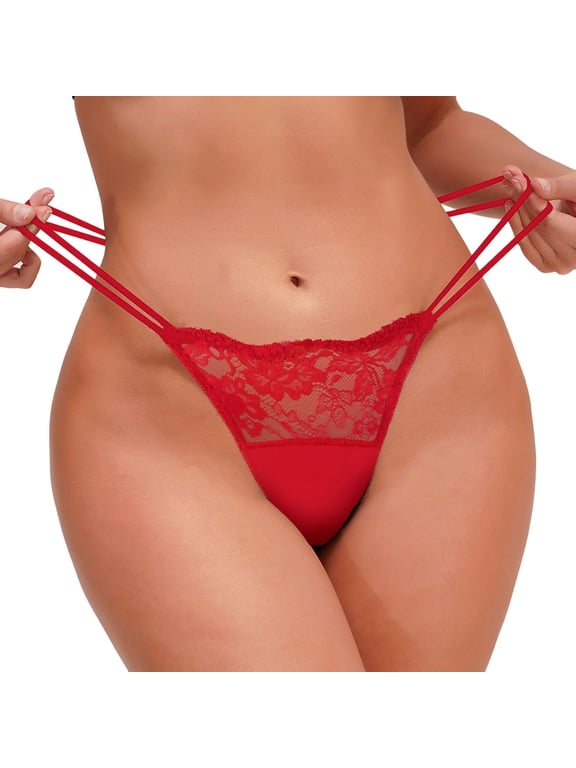 Womens Underwear Solid Color Sheer Lace G String Thongs for Women Ultra Thin Strappy Hollow Out Lightweight Panties Low Rise Invisible Ladies Underwear Red M