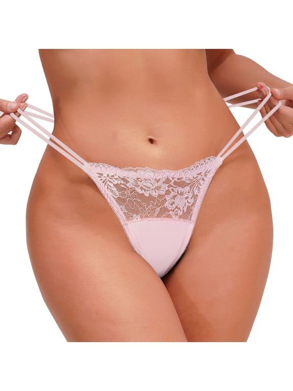 Womens Underwear Solid Color Sheer Lace G String Thongs for Women Ultra Thin Strappy Hollow Out Lightweight Panties Low Rise Invisible Ladies Underwear Pink M