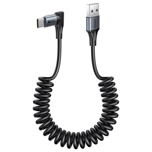 WHFNDF-Long Right Angle Coiled USB C Cable for Heavy Duty Cases 5FT [Stretches from: 1-2.5FT], 1Pack 90 Degree USB to USB C Cable Android Auto & Carplay for iPhone 17/16/15, Travel & Outdoor Use