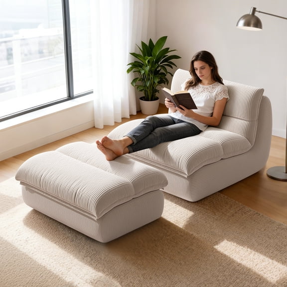 WHGBJA Bean Bag Chair with Ottoman, Lazy Sofa Accent Chair, Cloud Foam Modular Lounge for Living Room Bedroom Reading Nook Apartment, White
