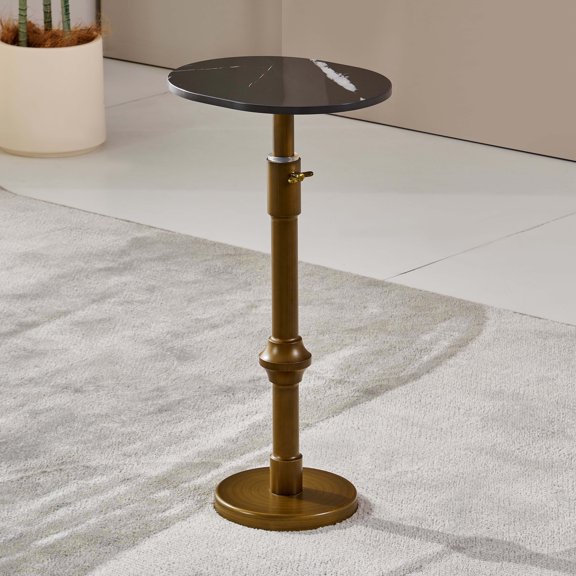 WHGBJA Small Round Metal Brass Height-Adjustable Side Table, Accent, End, Pedestal, Martini, Cocktail and Drink Table for Living Room and Small Spaces,Faux Marble Top Style Decor,Black