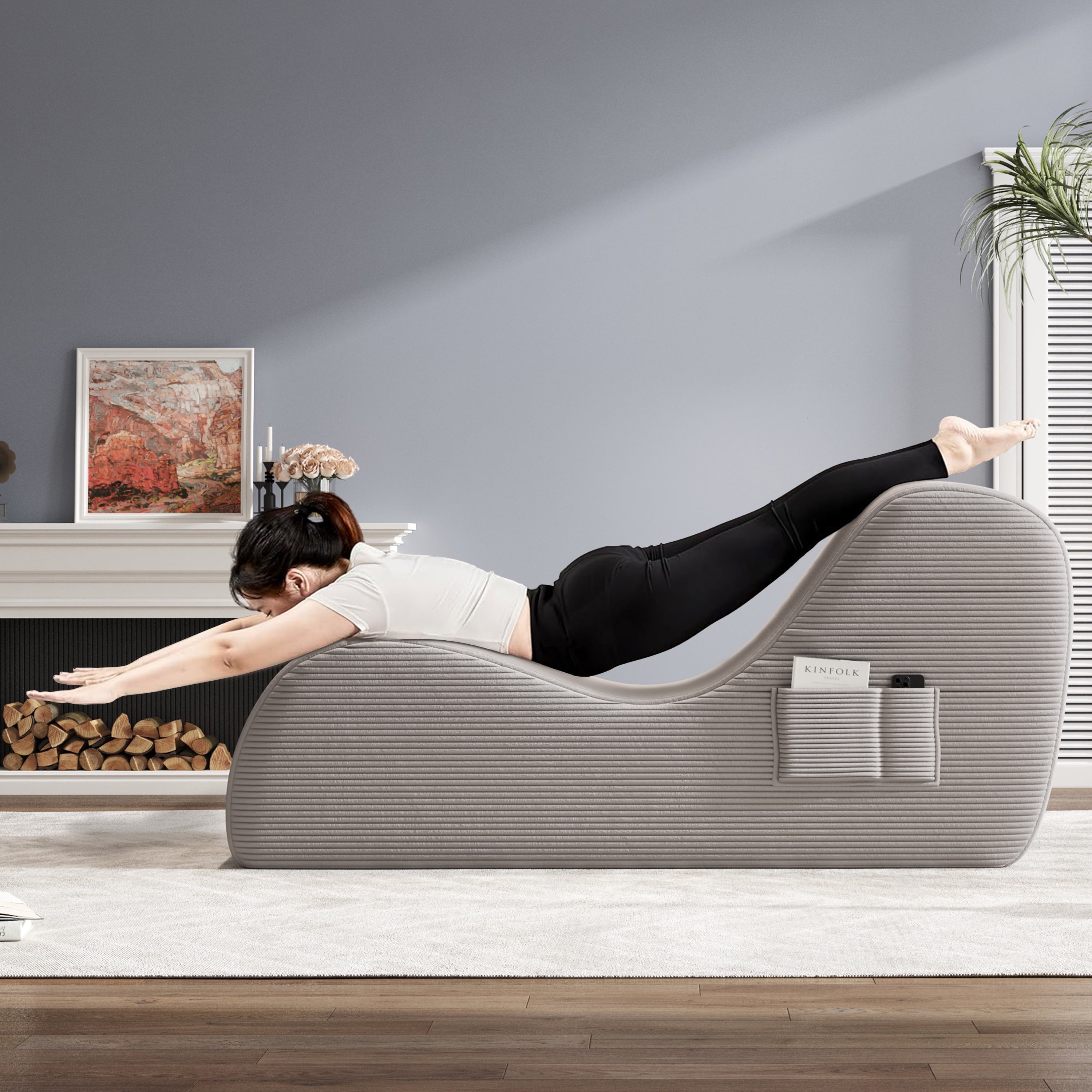 Yoga Curve Chair, Corduroy Yoga Chaise Lounge Chair for Adults, With Lumbar Pillow, Side Pocket, Ottoman, Modern Yoga Couch for Stretching and Relaxation, Grey