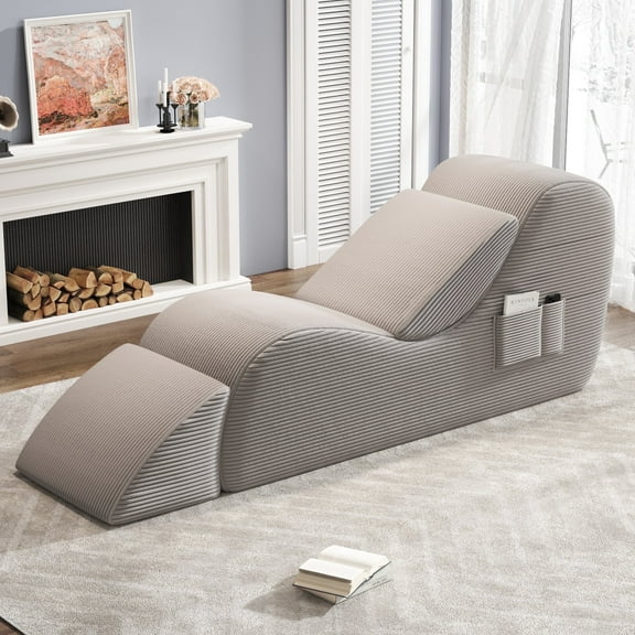 Yoga Curve Chair, Corduroy Yoga Chaise Lounge Chair for Adults, With Lumbar Pillow, Side Pocket, Ottoman, Modern Yoga Couch for Stretching and Relaxation, Grey