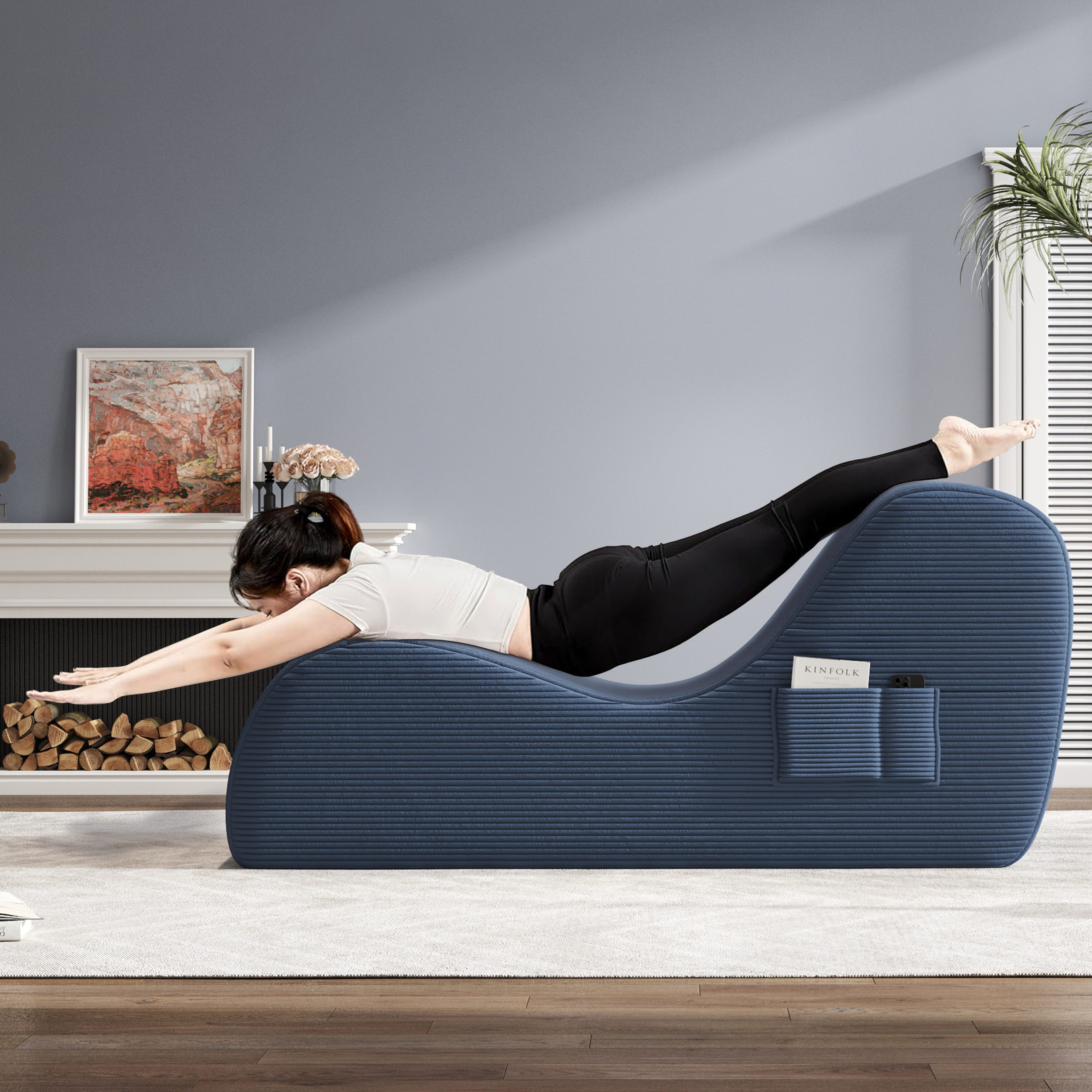 Yoga Curve Chair, Corduroy Yoga Chaise Lounge Chair for Adults, With Lumbar Pillow, Side Pocket, Ottoman, Modern Yoga Couch for Stretching and Relaxation, Blue