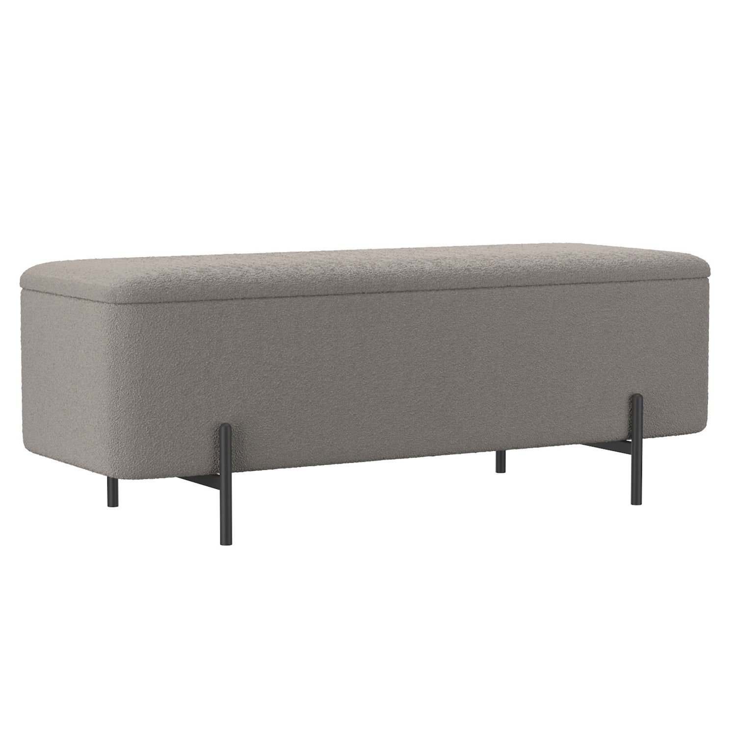 Gray Fabric and Black Metal Midcentury Storage Ottoman Bench