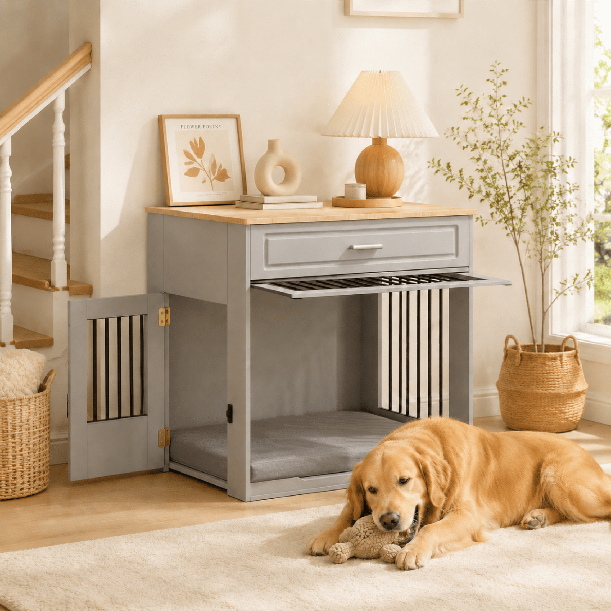 Whifea Dog Crate Furniture, Flip-Up Door, Dual Doors, Oversized Storage Drawer, 360° Rotating Feeder, Furniture-Style, for Medium-Large Dogs, Gray