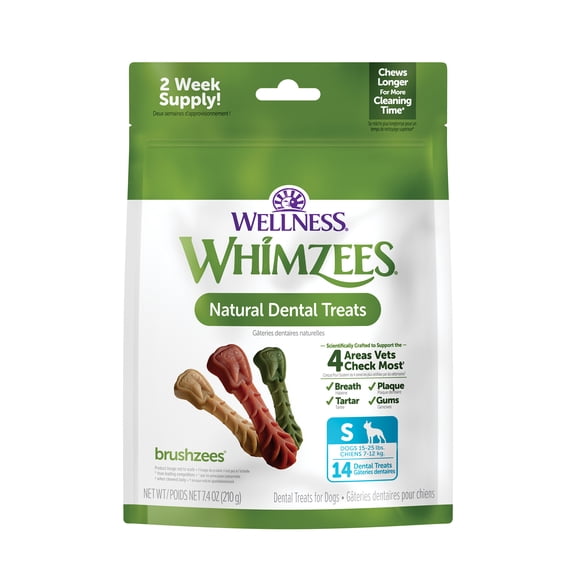 Wellness WHIMZEES Daily Brushzees Natural Dog Dental Treat, VOHC Accepted Chews, Freshens Breath, Small Size, 7.4 oz Bag, 14 Count