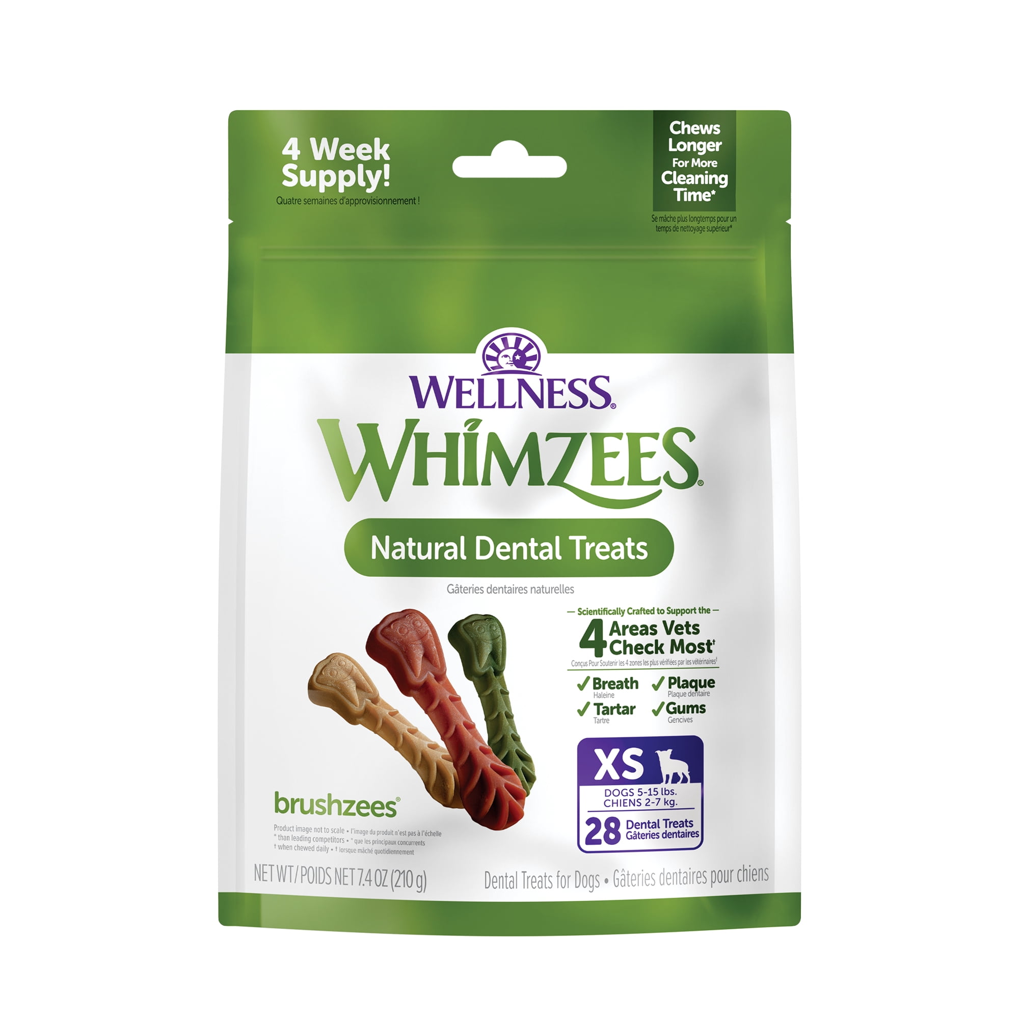Wellness WHIMZEES Daily Brushzees Natural Dog Dental Treat, VOHC Accepted Chews, Freshens Breath, Extra-Small Size, 7.4 oz Bag, 28 Count