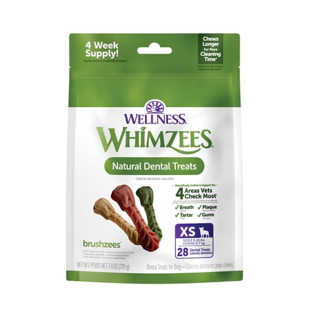 Wellness WHIMZEES Daily Brushzees Natural Dog Dental Treat, VOHC Accepted Chews, Freshens Breath, Extra-Small Size, 7.4 oz Bag, 28 Count