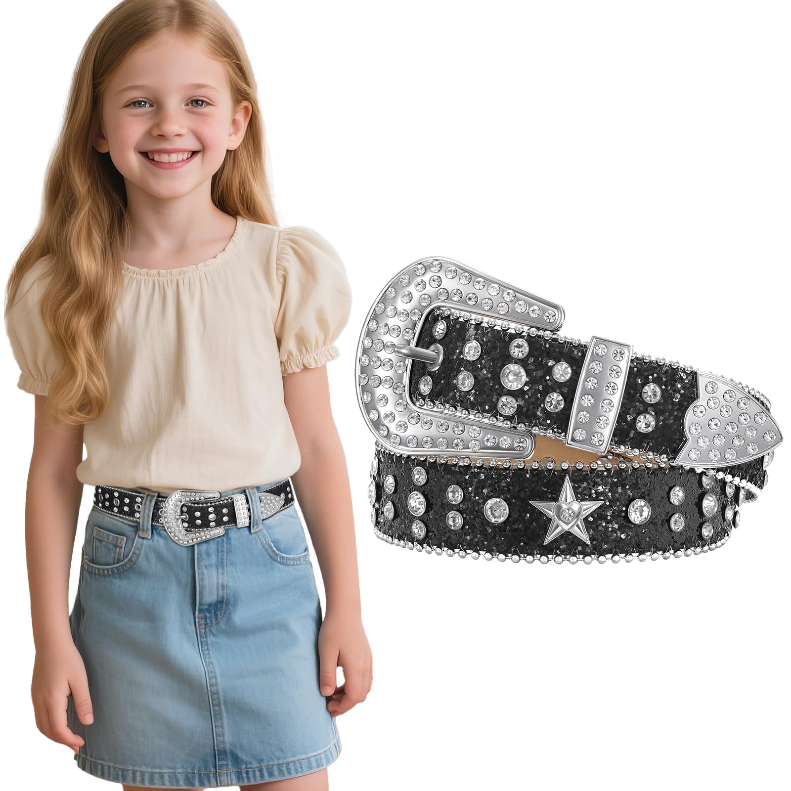 WHIPPY Kids Rhinestone Western Belt for Girls Boys, Studded