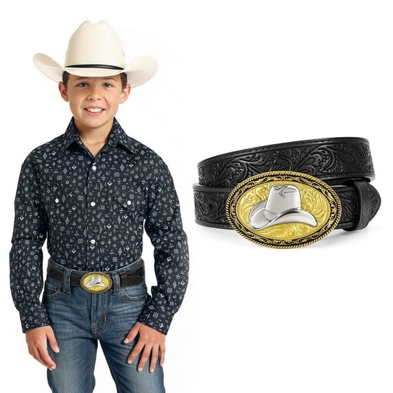 WHIPPY Kids Western Belt for Boys Girls for Jeans Dresses Embossed Genuine Leather Cowboy Cowgirl Belt Gift