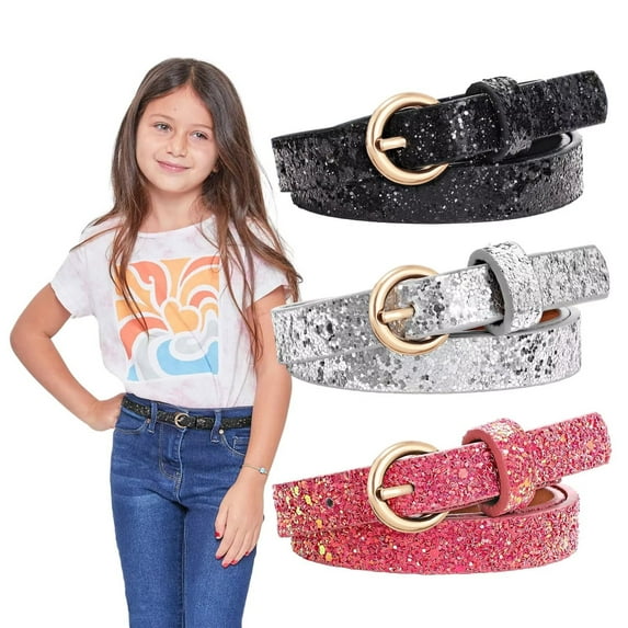 WHIPPY Kids Leather Glitter Waist Belt for Girls Boys Child Skinny Waist Belt for Jeans Dresses