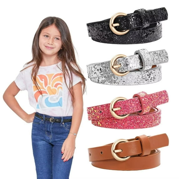 WHIPPY Kids Leather Glitter Waist Belt for Girls Boys Child Skinny Waist Belt for Jeans Dresses