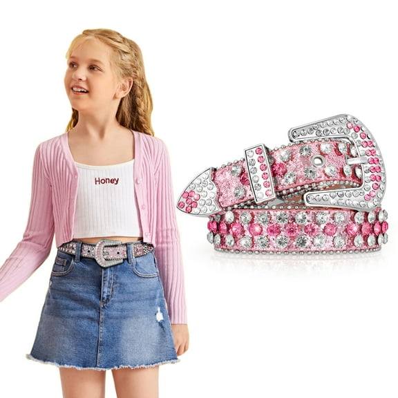 WHIPPY Kids Rhinestone Western Belt for Girls Boys, Studded Leather Belt for Jeans Dresses