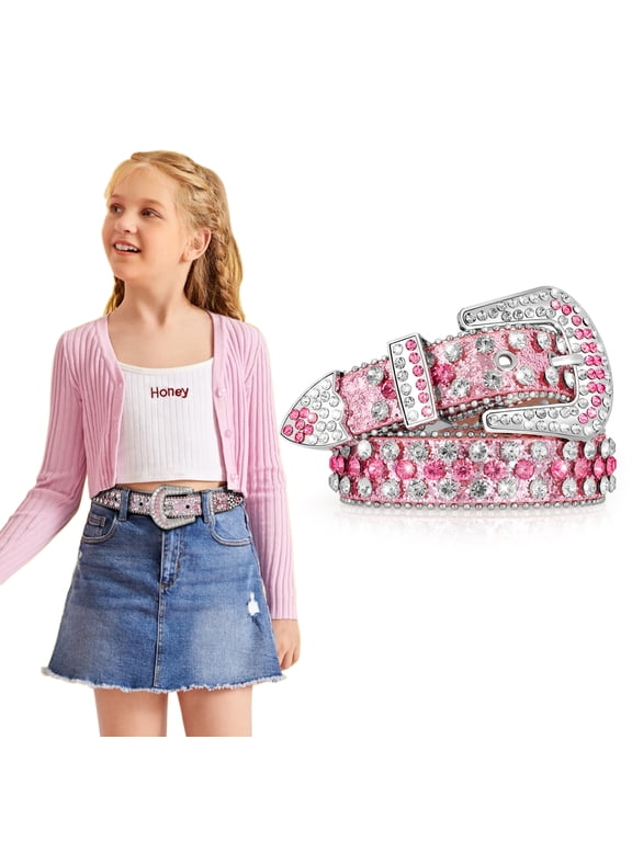 Kids Rhinestone Western Belt for Girls Boys, Studded Leather Belt for Jeans Dresses