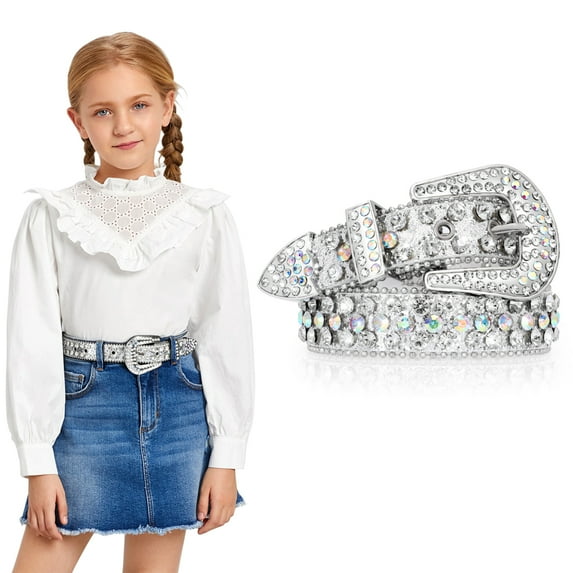 WHIPPY Kids Rhinestone Western Belt for Girls Boys, Studded Leather Belt for Jeans Dresses