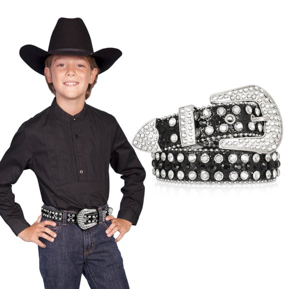 WHIPPY Kids Rhinestone Western Belt for Girls Boys, Studded Leather Belt for Jeans Dresses