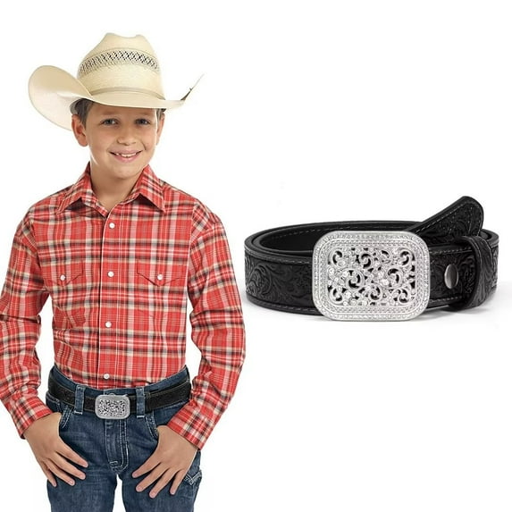 WHIPPY Kids Western Belt for Boys Girls Cowgirl Cowboy Genuine Leather Belt with Embossed Buckle