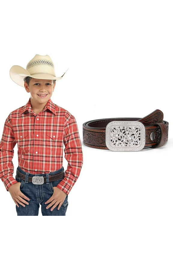 Kids Western Belt for Boys Girls Cowgirl Cowboy Genuine Leather Belt with Embossed Buckle