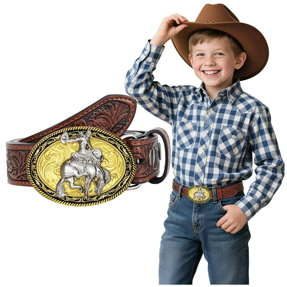 WHIPPY Kids Western Belt for Boys Girls for Jeans Dresses Embossed Genuine Leather Cowboy Cowgirl Belt Gift