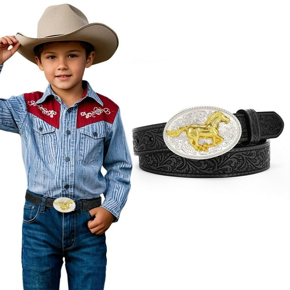 WHIPPY Kids Western Belt for Boys Girls for Jeans Dresses Embossed Genuine Leather Cowboy Cowgirl Belt Gift