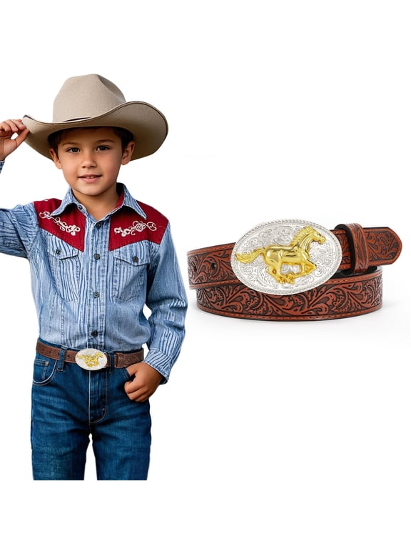Kids Western Belt for Boys Girls for Jeans Dresses Embossed Genuine Leather Cowboy Cowgirl Belt Gift