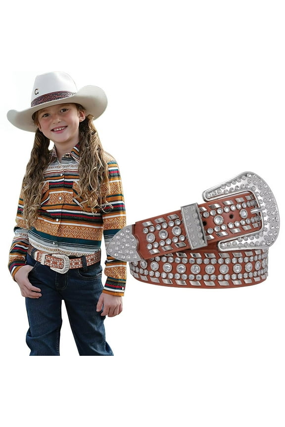 Kids Western Belt for Girls Boys Toddler Cowboy Cowgirl Belt for Jeans Dresses Rhinestone Studded Leather Belt