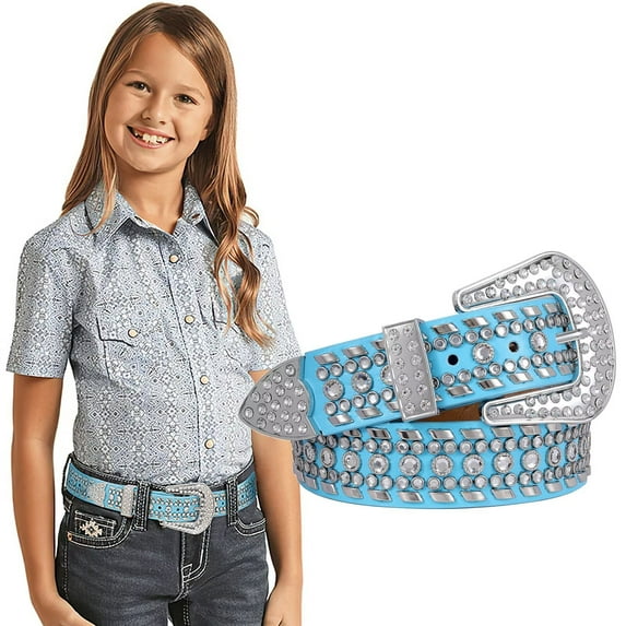 WHIPPY Kids Western Belt for Girls Boys Toddler Cowboy Cowgirl Belt for Jeans Dresses Rhinestone Studded Leather Belt