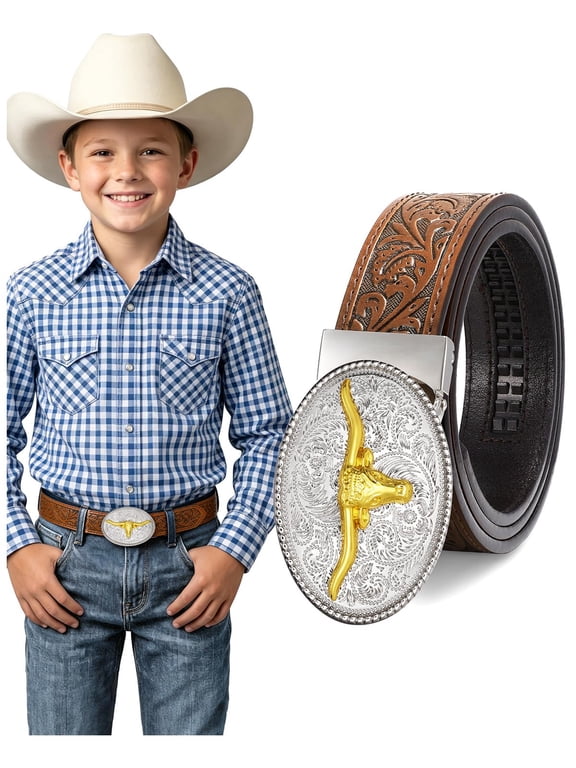 Kids Western Cowboy Belt for Boys Girls Cowgirl Ratchet Leather Belts with Automatic Buckle