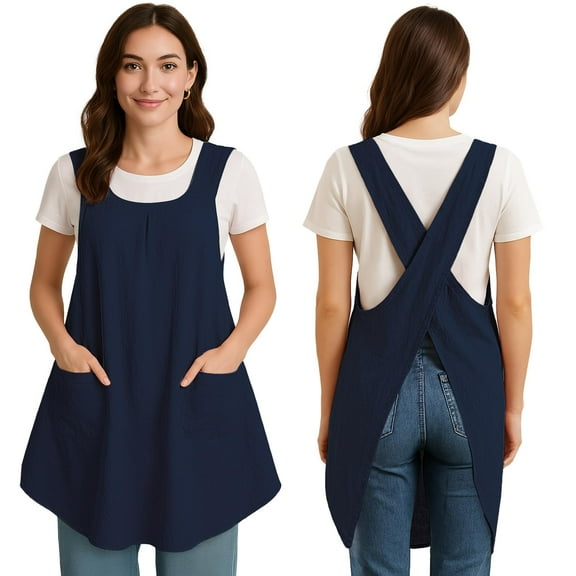 WHIPPY Kitchen Cooking Aprons for Women with Pockets Japanese Linen Cross Back Apron Unisex for Baking Painting Gardening