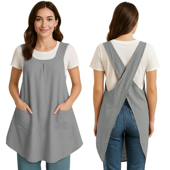 WHIPPY Kitchen Cooking Aprons for Women with Pockets Japanese Linen Cross Back Apron Unisex for Baking Painting Gardening