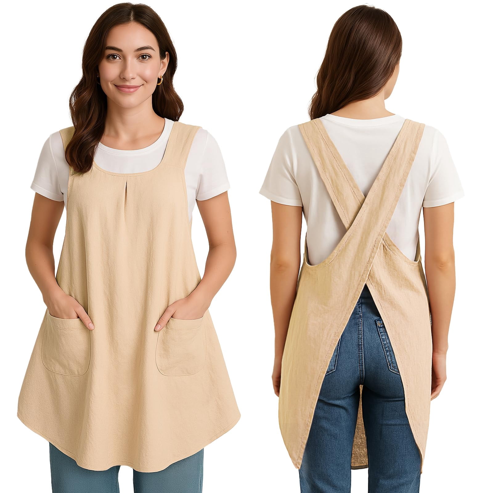 WHIPPY Kitchen Cross Back Apron with Pockets, Japanese Linen