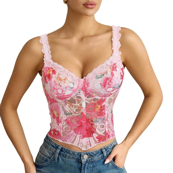 WHIPPY Lace up Corset Top for Women Lace Floral Bustier Corset