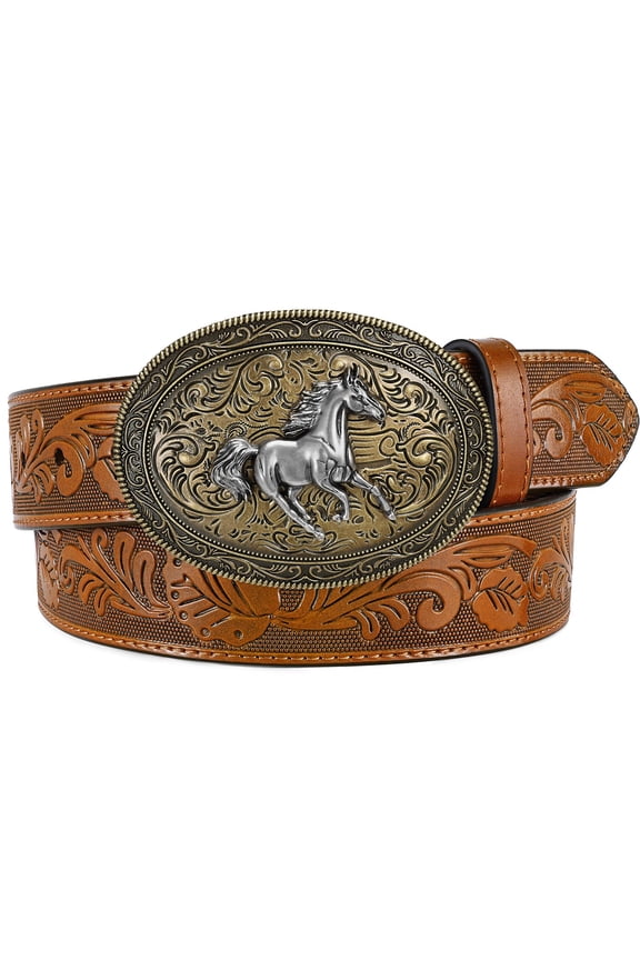 Men Western Cowboy Leather Belt Women Cowgirl Embossed Leather Belt for Jeans