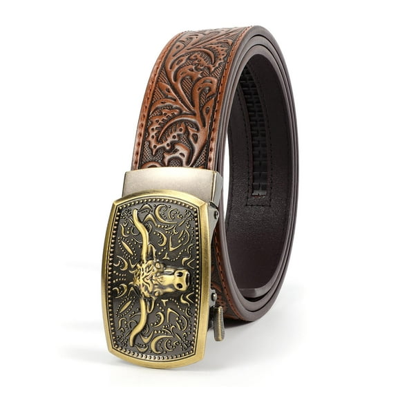 WHIPPY Men's Western Cowboy Belt for Jeans Pants Leather Ratchet Belt with Automatic Buckle