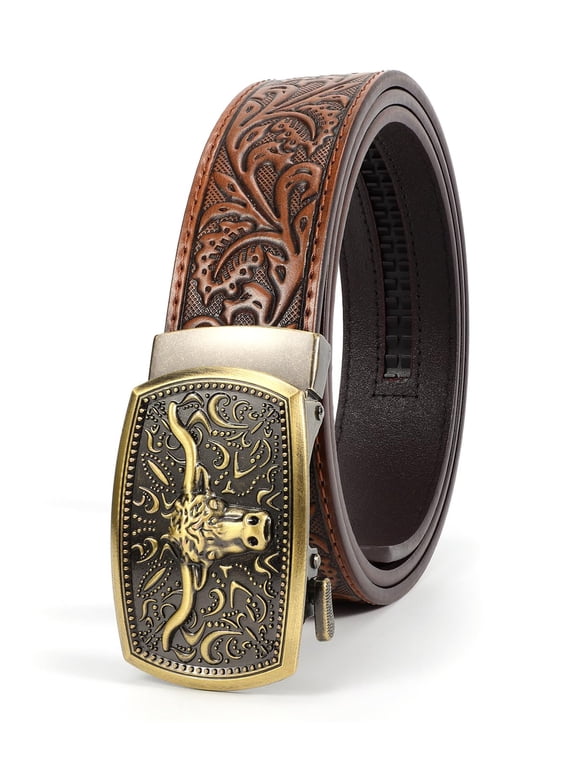 Men's Western Cowboy Belt for Jeans Pants Leather Ratchet Belt with Automatic Buckle