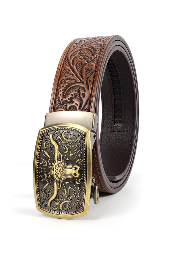 Men's Western Cowboy Belt for Jeans Pants Leather Ratchet Belt with Automatic Buckle