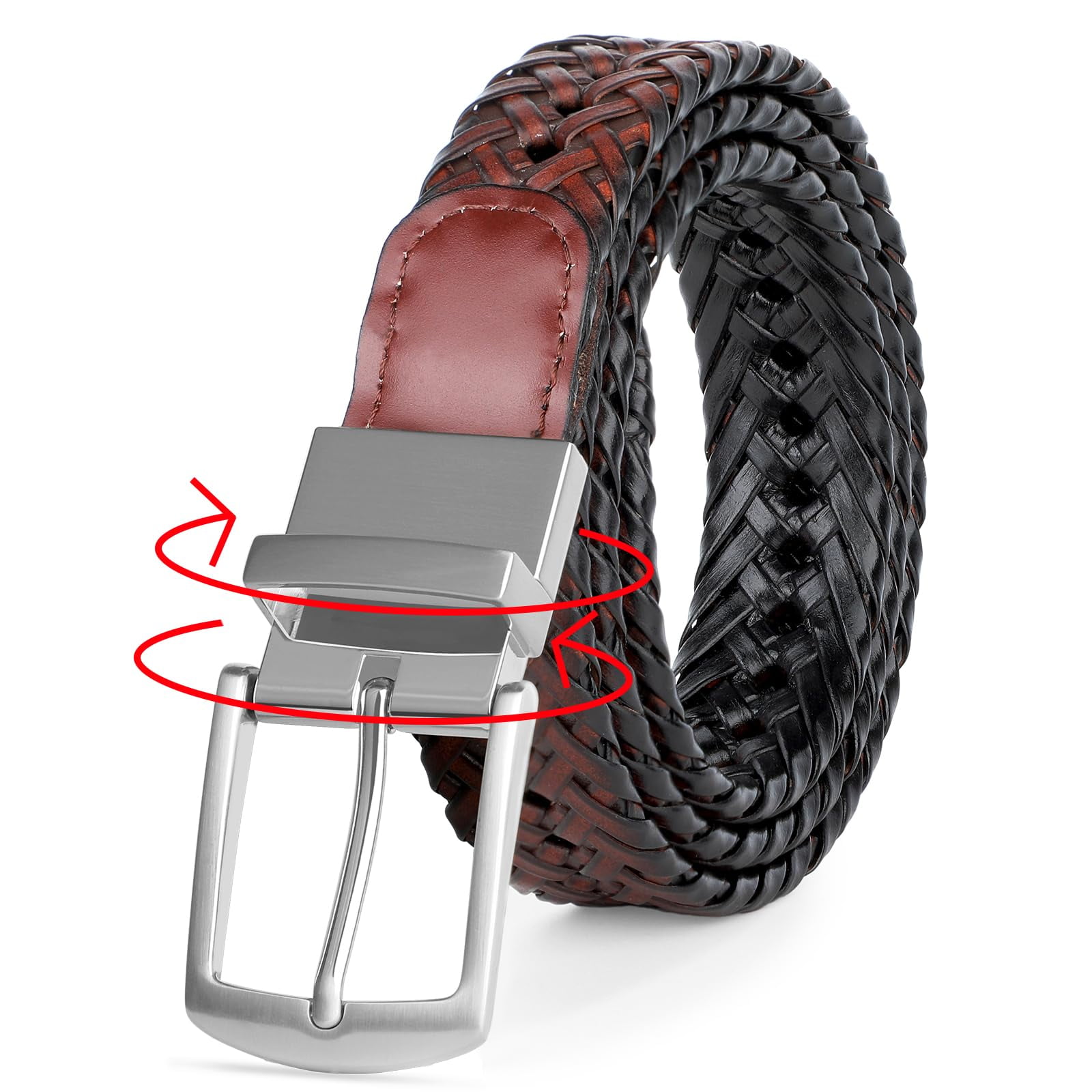 WHIPPY Mens Braided Leather Belt with Reversible Buckle Woven Leather Belts  for Jeans Pants 